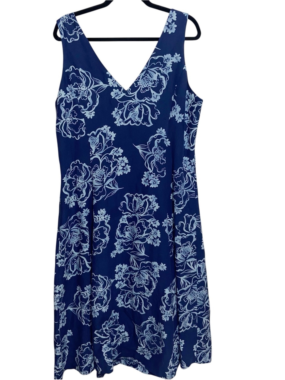 East Dress Womens Size 16 Blue Floral 100% Linen Midi Boho Chic Coastal Tropical